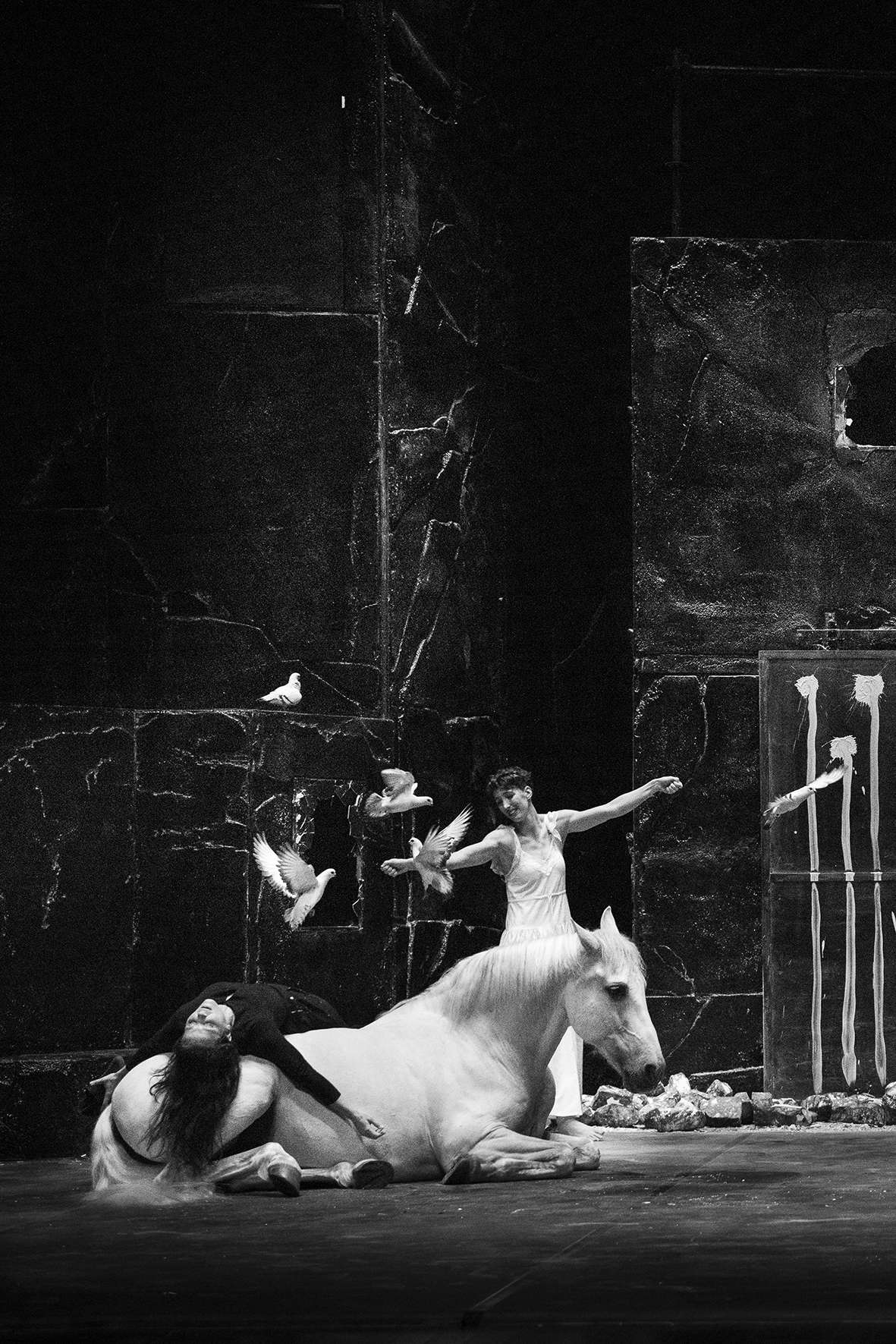 Un cheval blanc, deux interprètes, l'une vêtue de noir, l'autre de blanc et des pigeons.