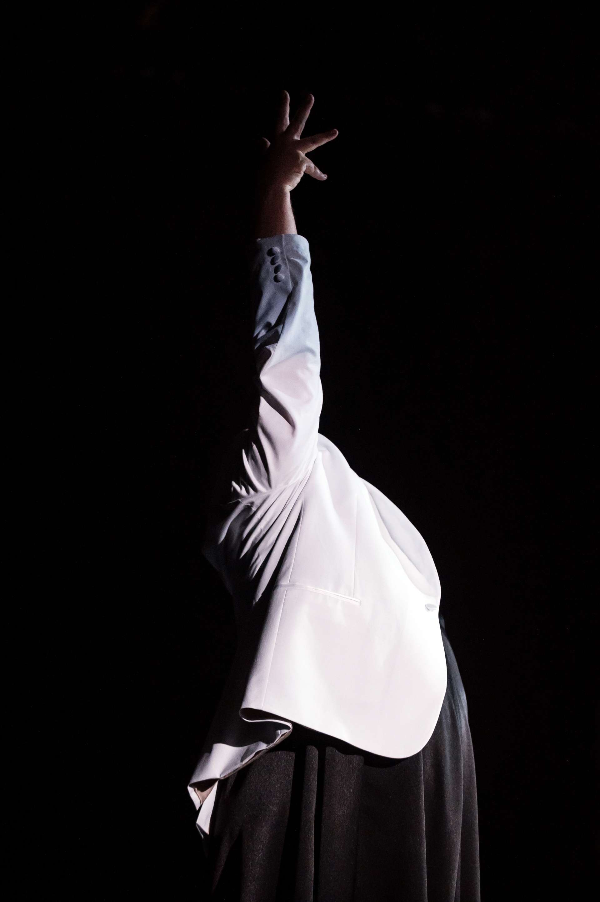Une silhouette vêtue d'une robe noire et d'une veste de costume blanche lève sa main droite au ciel comme pour le toucher. 