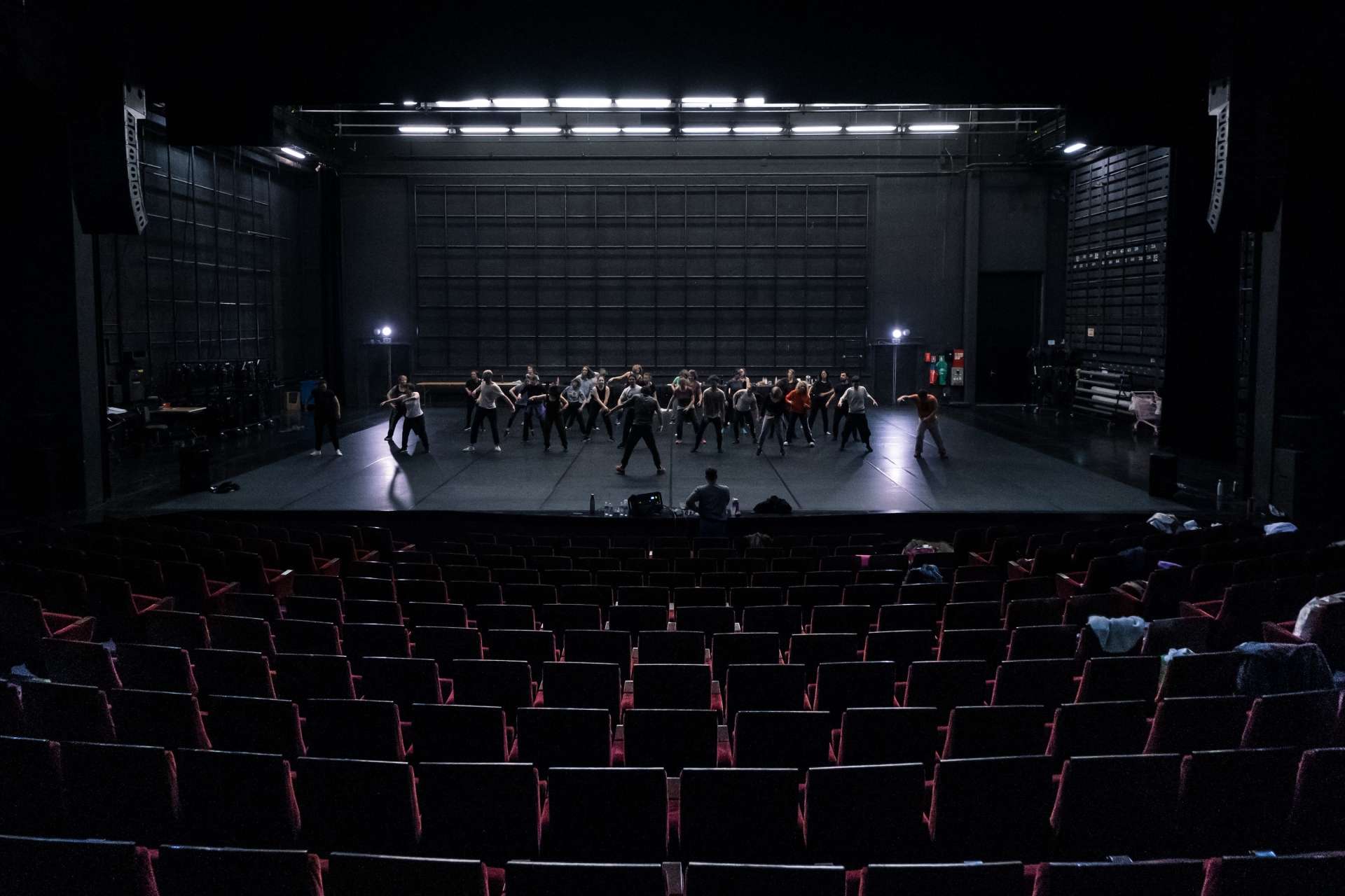 Ateliers de danse avec des amateurs sur le plateau de la Salle Touchard. Vue de la salle avec les fauteuils rouge au premier plan et l'action au deuxième plan. 