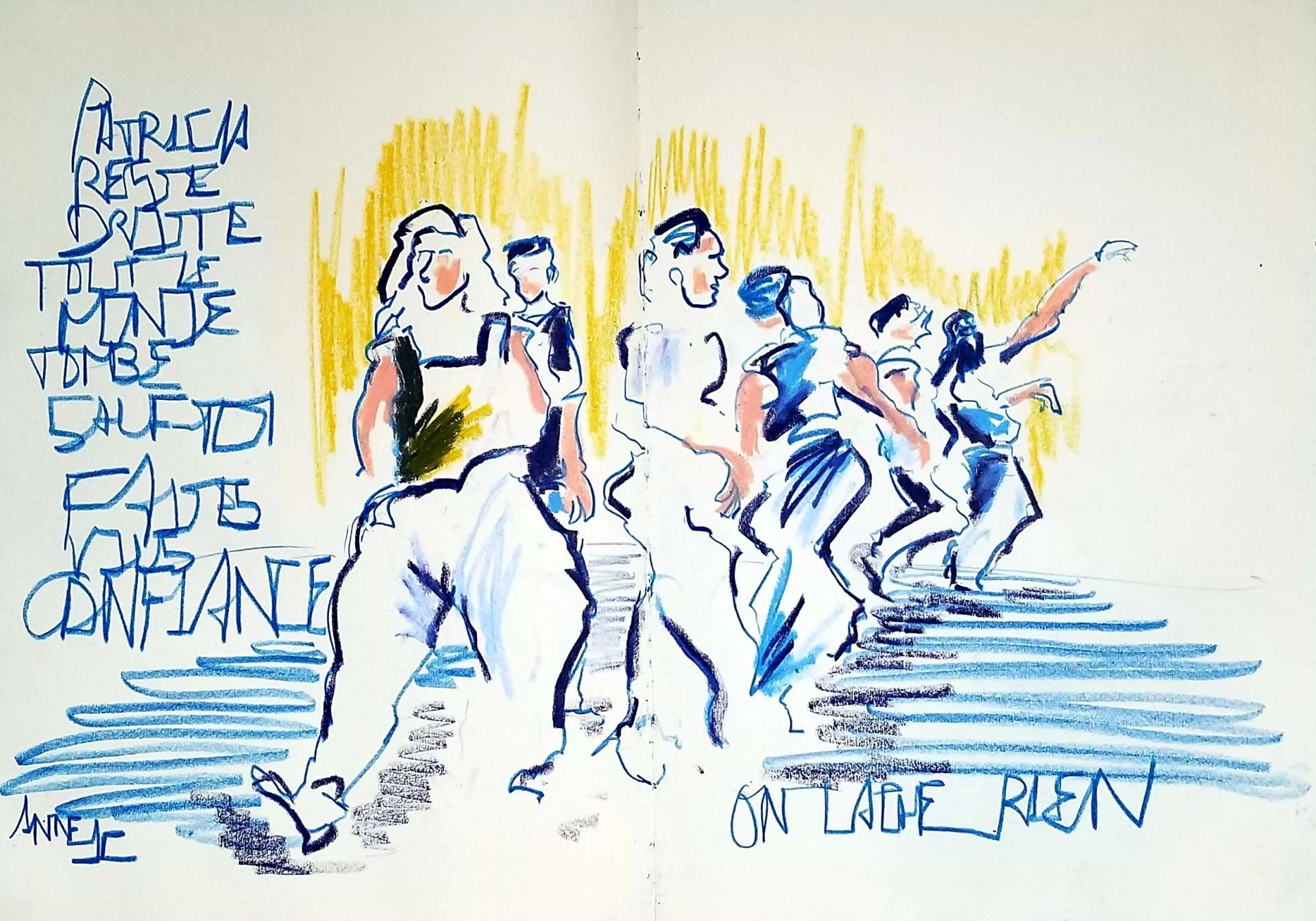 Croquis réalisé en live des participants au projet amateurs Les gens qui doutent
