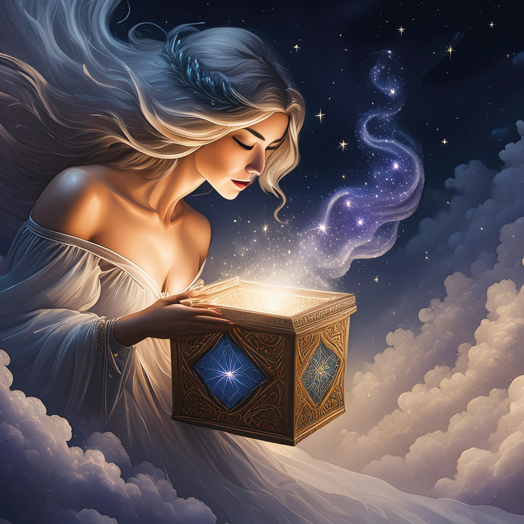 dessin d'une femme mysthique dans les nuages, tenant une boite ouverte dont sors de la lumière