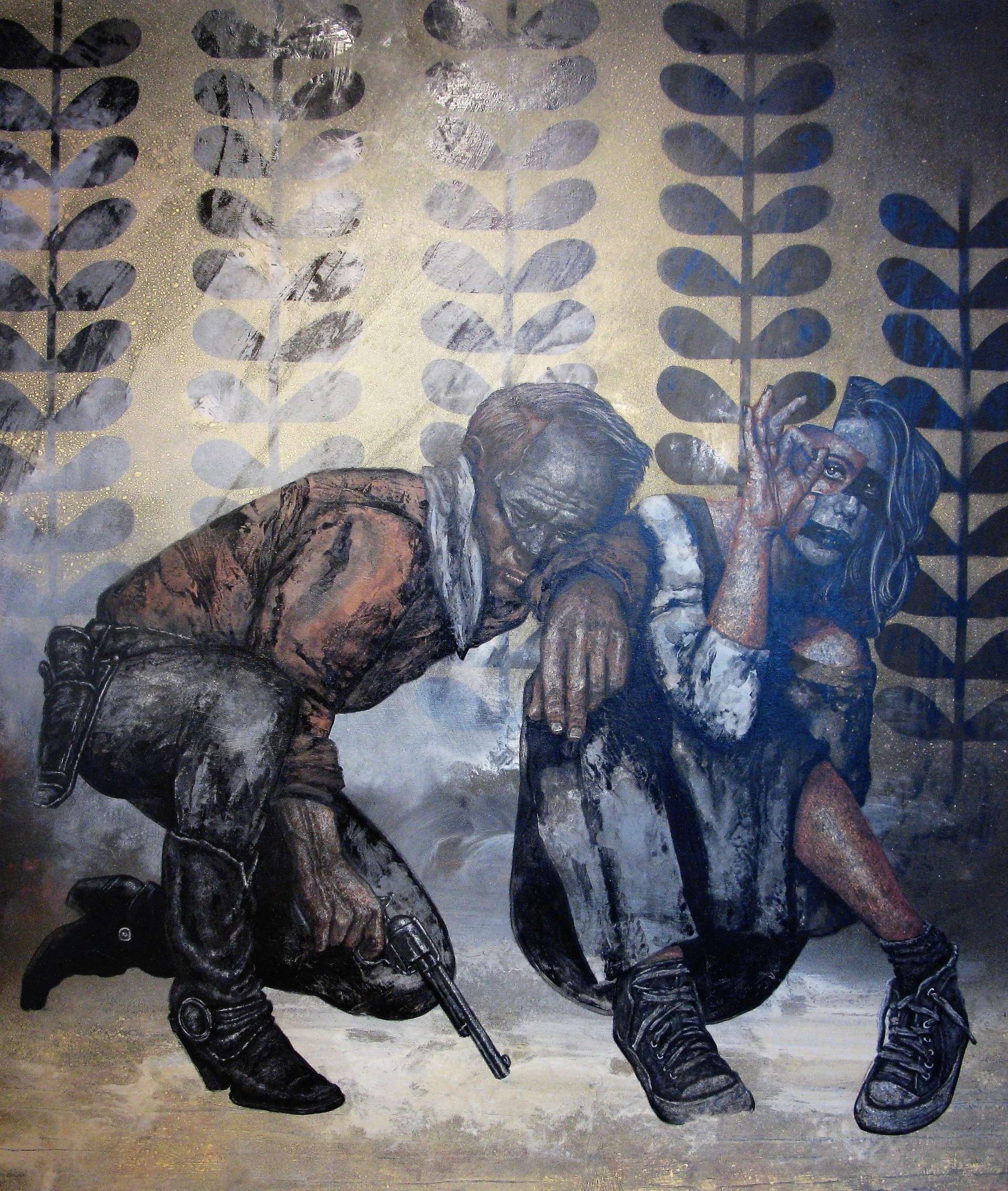 Peinture de Guillaume Brabant avec un homme et une femme accroupies. 
